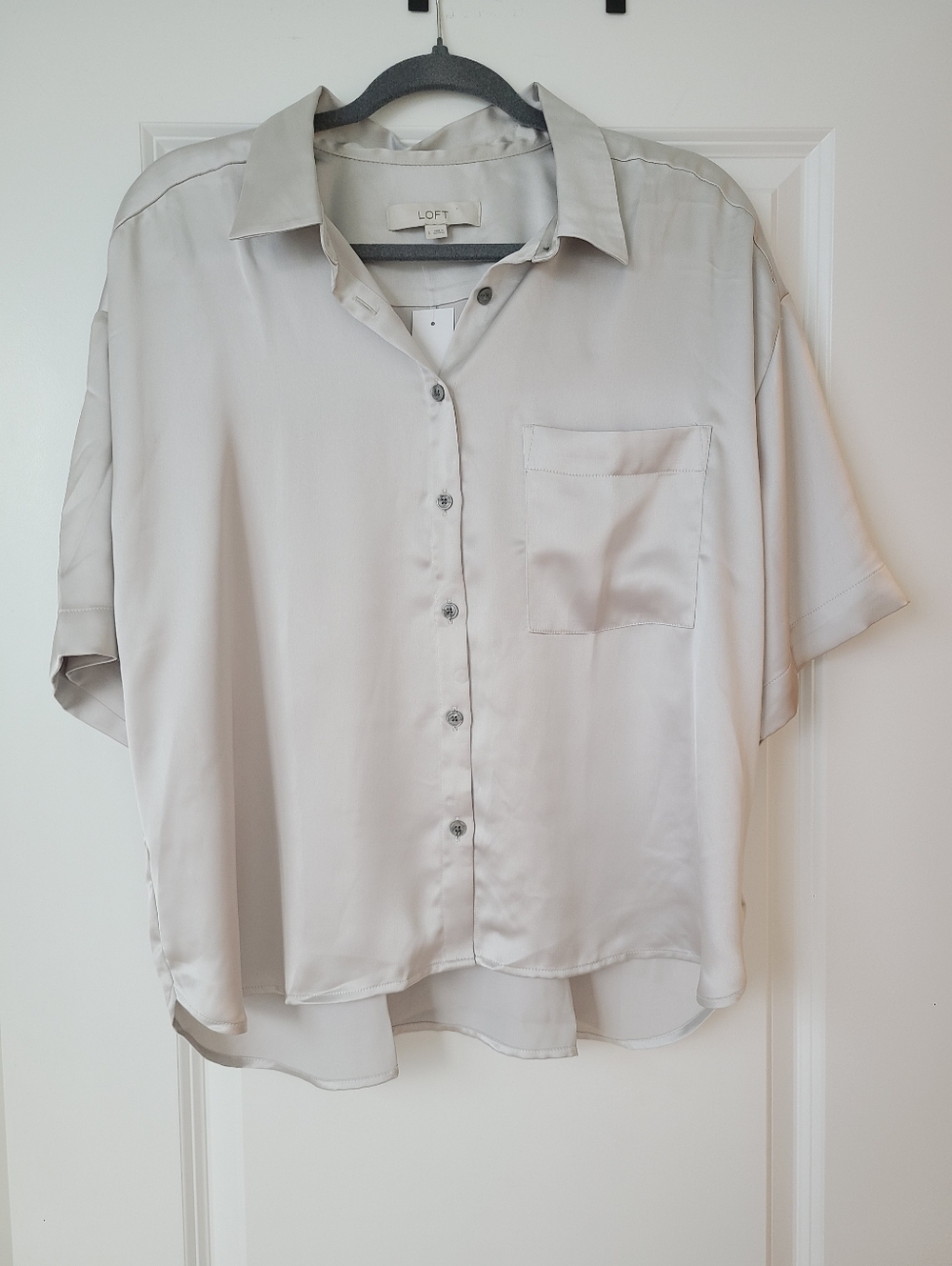 Loft Silver Silky Button Down Short Sleeve Blouse